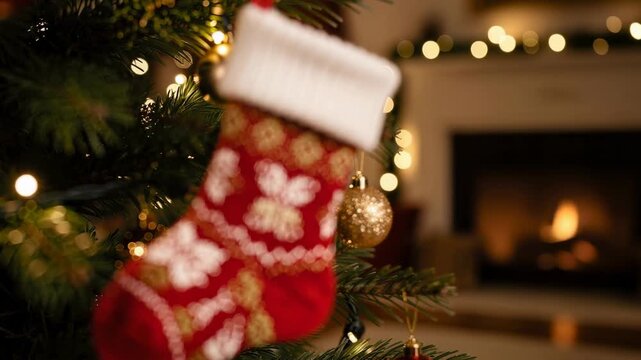 Cozy red Christmas stocking with festive patterns hanging on decorated pine tree with warm holiday lights