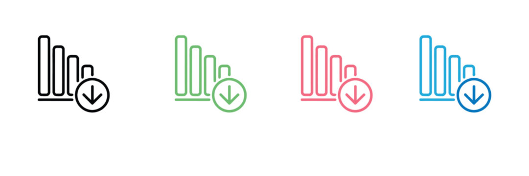 Finance Decrease Icon with Bar Chart and Down Arrow for Business Loss, Economic Recession, and Financial Decline. Symbol Vector Illustration.