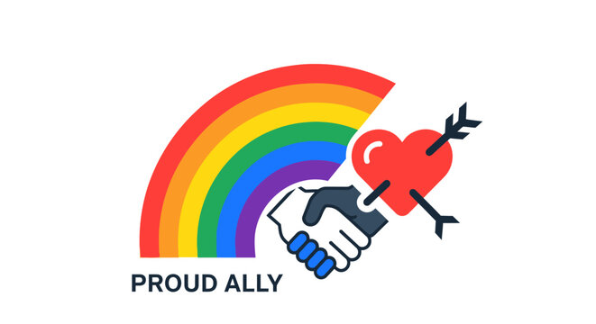 Vibrant Rainbow Heart Illustration for Proud Ally Support, Colorful LGBTQ Identity Graphic Design Element Isolated on White Background Flat Vector Icon for Inclusion and Diversity Advocacy