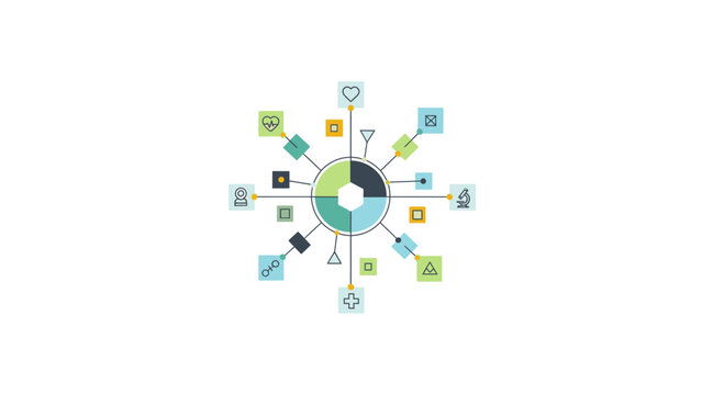 Abstract Circular Diagram with Connected Icons Representing Data Flow.