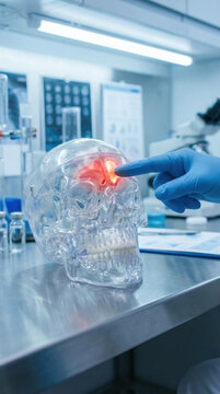 Gloved hand pointing to highlighted sinus area on an anatomical skull model in medical lab. Focused clinical concept showing diagnosis and research in medicine
