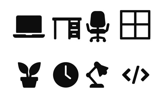 Minimalist Coder's Workspace. Minimalist home office for coder. Filled icon set of Minimalist home office for