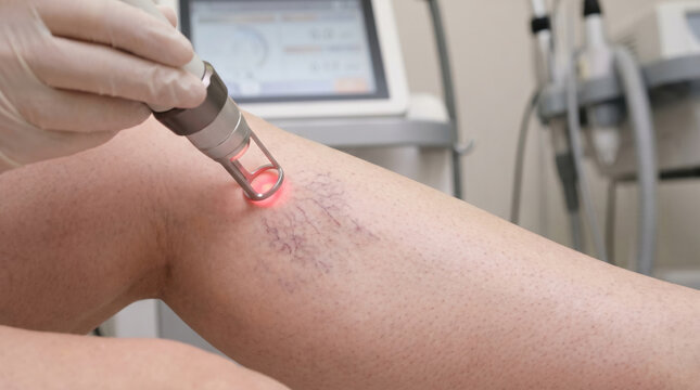 Close up of professional dermatology laser therapy for vein on leg. This cosmetic skin treatment in healthcare clinic focuses on wellness and removing imperfections