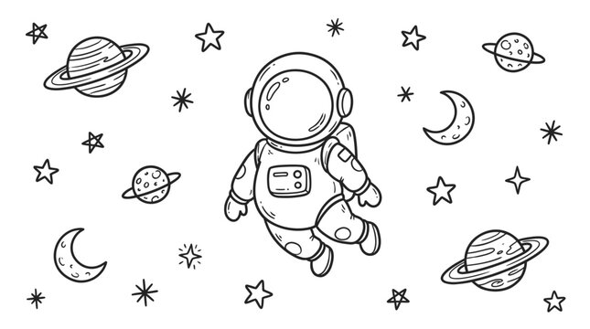 Adorable astronaut line art illustration floating in outer space surrounded by stars, moons, and planets in a fun cartoon style. This black and white coloring page design is perfect for children&rsquo;s edu