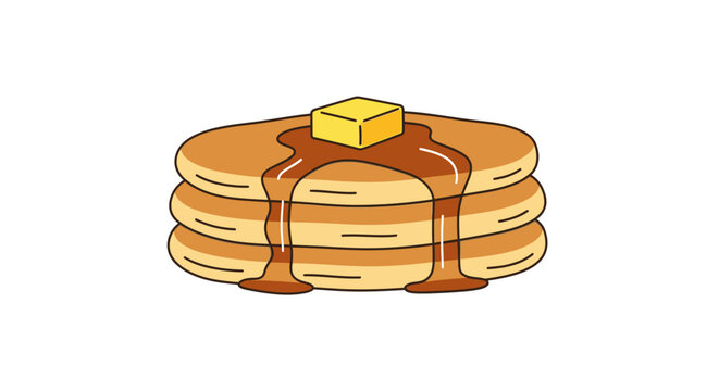 Delicious stack of golden brown pancakes topped with melting yellow butter and sweet maple syrup, isolated on white background, modern flat vector icon illustration for food menu design.