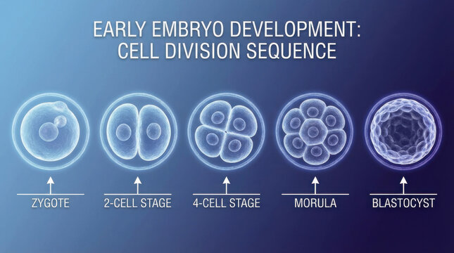 Early embryo development stages showing detailed cell division sequence. An educational science concept of embryology from zygote to blastocyst on blue gradient background