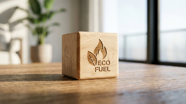 Optimistic eco fuel symbol engraved on wooden cube. hopeful concept on table inside bright modern interior, representing clean and sustainable energy future