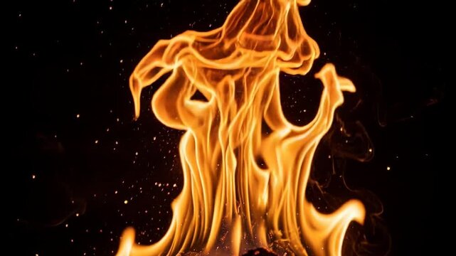 Close-up of bright orange fire flames with sparks on black background for energy and warmth concepts