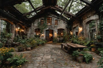 Fototapeta premium An overgrown stone courtyard with wooden beams and windows showcases nature reclaiming forgotten rustic architecture.
