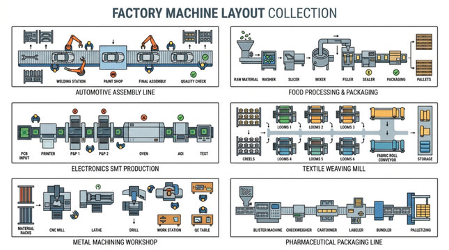 Collection of factory machine layouts and industrial production lines.