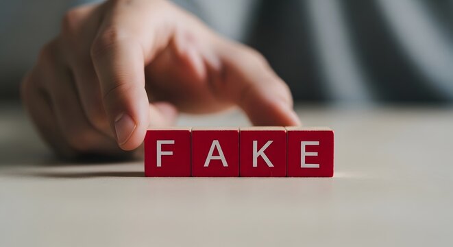 Hand placing red blocks spelling out 'fake' on a table