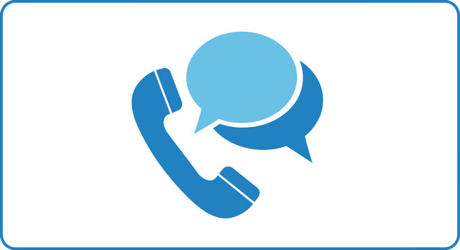 Minimalist blue telephone conversation symbol featuring a classic handset and speech bubbles representing communication technology isolated on a white background as a flat vector icon.