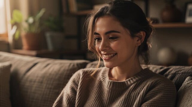 Smiling young woman enjoying relaxing moments at home on cozy couch with warm natural light