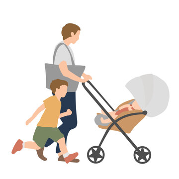ベビーカーを押して歩く父親と走る子どものイラスト