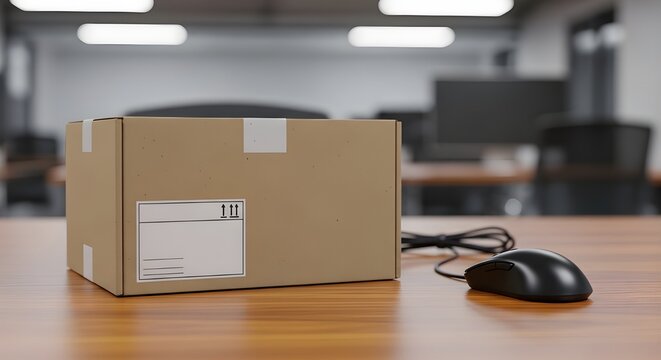 Brown cardboard box and black computer mouse on wooden desk