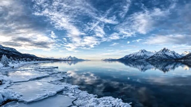 Golden hour cinematic shot of frost covered tree by frozen lake, warm sunlight on jagged ice, still reflective water, drifting clouds and distant mountains, ultra realistic 4K

