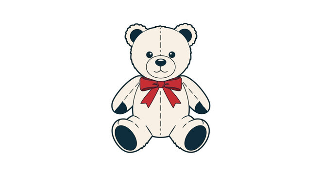 Vintage white teddy bear illustration isolated on plain background, classic soft plush toy graphic, flat icon vector design for nursery decor, nostalgic childhood character and playmate mascot.