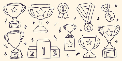 Hand Drawn Trophy Cup Outline Vector Set. Winner Awards and Champion Medals Collection. Linear Doodle Sports Icons Isolated © Anastasiia