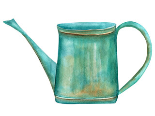 Watercolor turquoise watering can illustration. Hand drawn rustic garden watering pot isolated on white background. Vintage gardening element for spring design and florist concepts. © Елена Шамрай