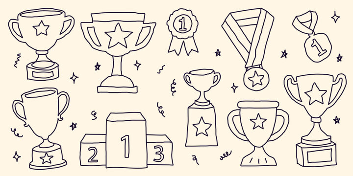 Hand Drawn Trophy Cup Outline Vector Set. Winner Awards and Champion Medals Collection. Linear Doodle Sports Icons Isolated