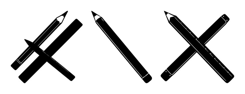 Pencil and ruler crossed set with solid black icon on white background featuring drawing, design, drafting with illustration and vector