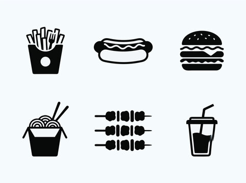 A set of six black and white food icons including fries, hot dog, hamburger, noodles, skewers, and soda on a light background s14.eps