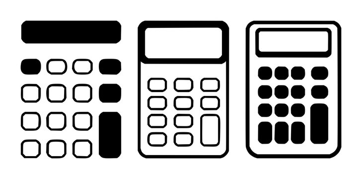 Calculator icon set with solid black lines on white background featuring calculator, icon, technology with digital and devices