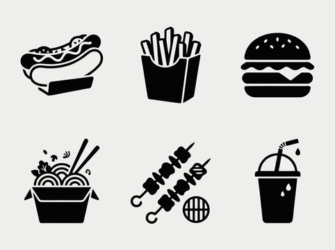 A collection of fast food icons including hot dog, fries, burger, noodles, skewers, and soda on a plain background with s4.eps reference