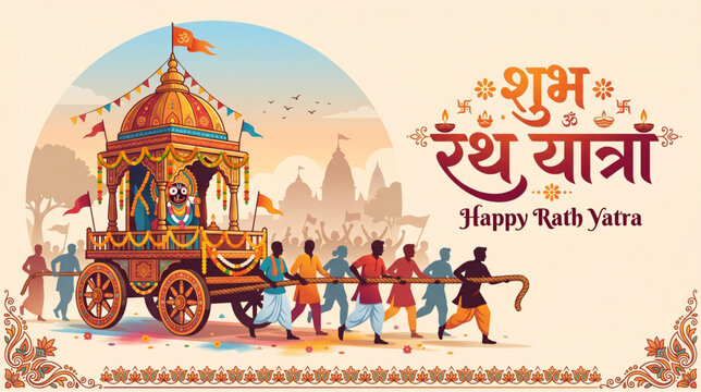 Traditional Rath Yatra procession illustration with sacred chariot and devotees for branding marketing and cultural promotion