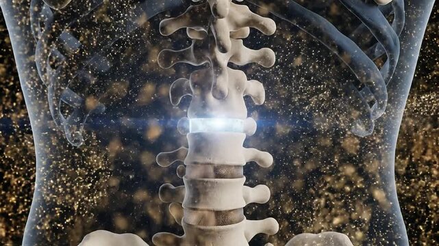 Detailed 4K Medical CGI Visualization of the Human Spine with Spotlight Effect Against a Dark Background
