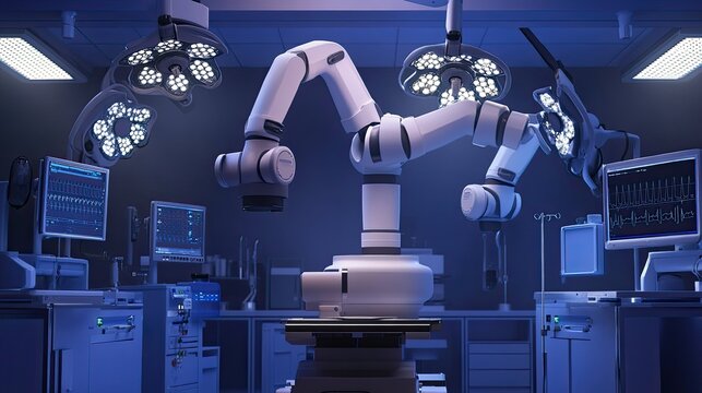 Robotic surgeon arms operating in modern medical room