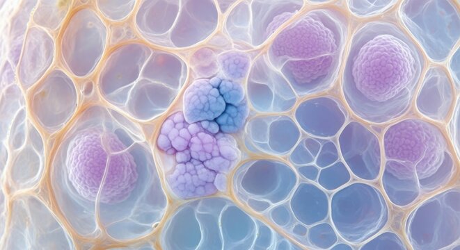 Microscopic view of plant cells with vibrant colors