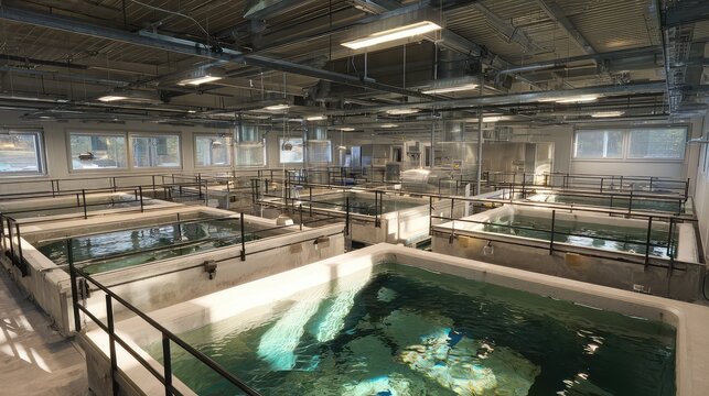 Fish hatchery tanks cultivating aquaculture for scientific research