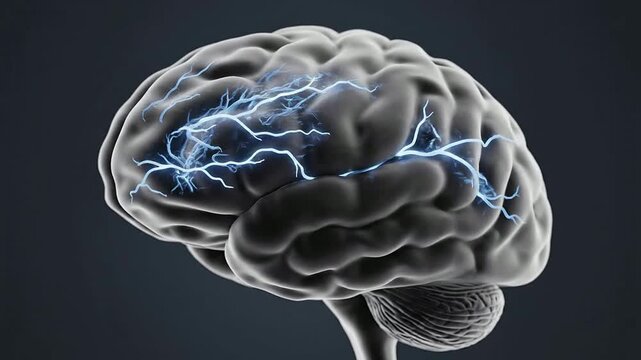 Detailed CGI Depiction of Human Brain with Electric Neural Activity on Dark Background for Neurology and Medical Research