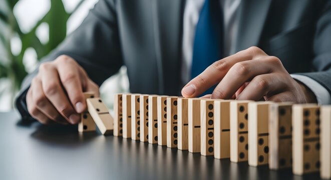 Business risk concept man starting domino effect with wooden tiles