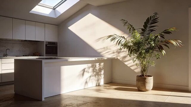Modern bright kitchen interior with skylight and white cabinets