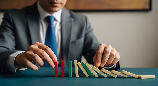 Businessman preventing domino effect with careful planning and strategy