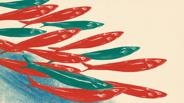 Artistic graphic illustration of a school of red and teal fish swimming together in a diagonal formation, featuring a vintage linocut or screen-print texture on a textured cream background