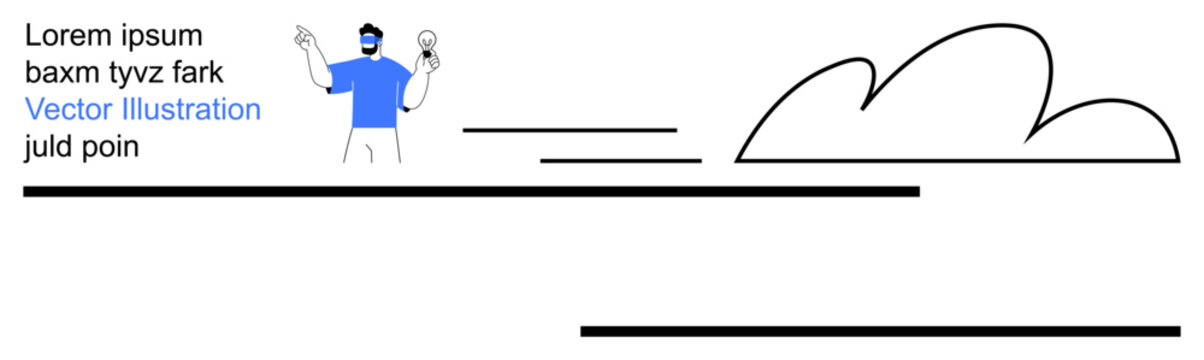 Conceptual art, storytelling, theatrical performance, minimalism in design, creative media, linear aesthetics. A character holds a puppet with a cloud design and clean line elements. Storytelling