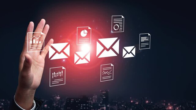 Hand Reaching Towards Digital Mail Icons with Financial Graphs and Documents at Night Over Urban Cityscape Background Gluon.