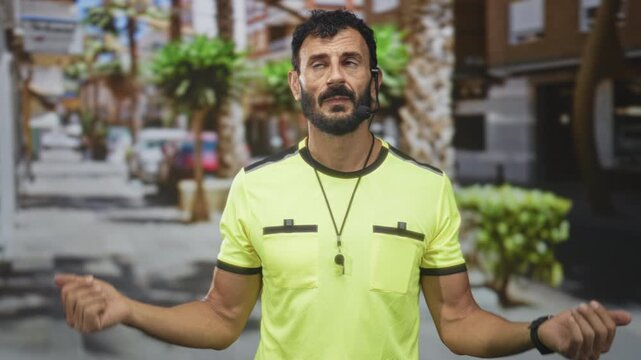 Man referee with whistle on lanyard, palms up shrug gesture, beard, headset microphone and yellow jersey on street, mid gesture; playful doubt.