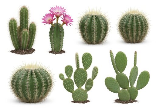 Diverse cactus species showcasing unique shapes and blooms isolated on white background