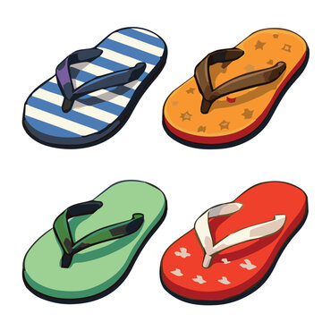 Vector art featuring four flip flop sandals with different colors and patterns, designed in playful icon and logo style with modern summer vibes.