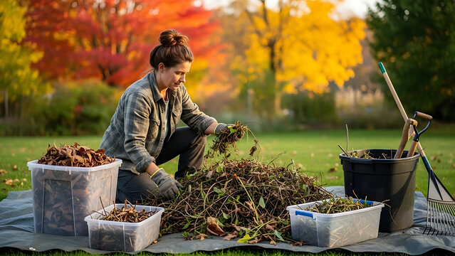 Mature female gardener organizing organic foliage debris and plant waste in backyard during autumn maintenance using protective gloves and plastic containers for composting and seasonal cleanup.