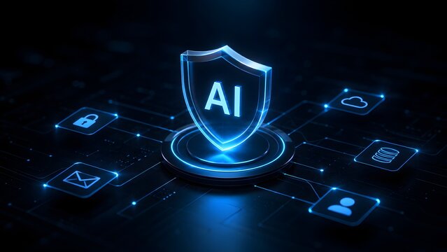 AI-driven cyber security and data protection concept. Glowing shield with artificial intelligence text surrounded by network safety and cloud computing icons.