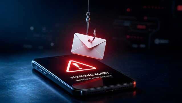 Phishing email scam alert concept. Smartphone displaying red warning sign with suspicious envelope on a fishing hook symbolizing cyber attack and data theft.