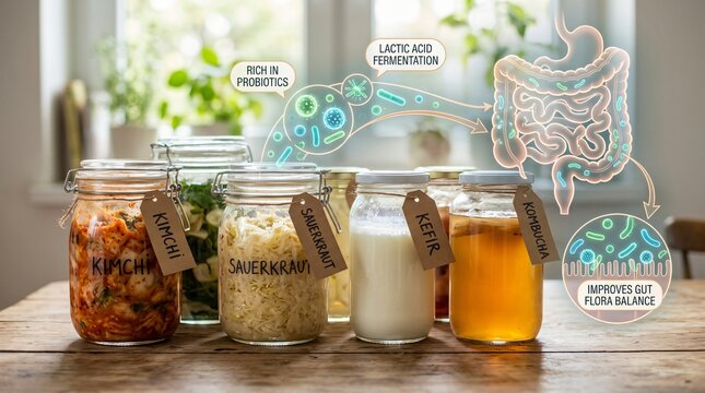 Assorted Fermented Foods and Drinks Promoting Gut Health on Wooden Table