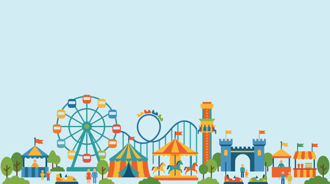 Colorful Amusement Park Fairground Landscape with Carnival Rides