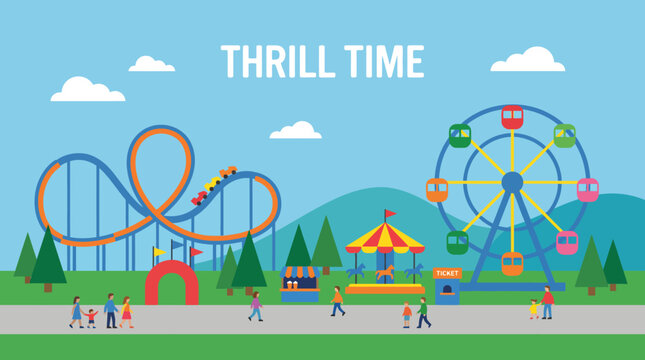 Thrill Time Amusement Park Scene with Roller Coaster and Ferris Wheel