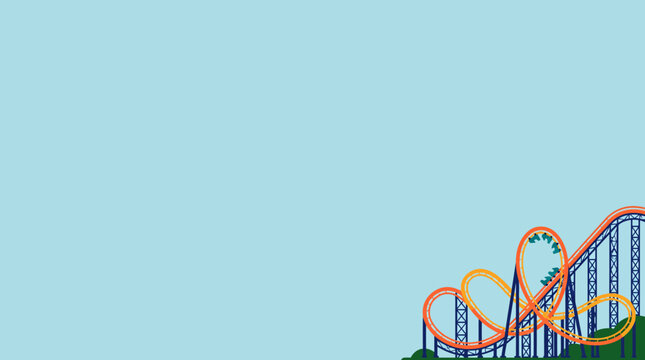 Distant roller coaster tracks against a clear blue sky